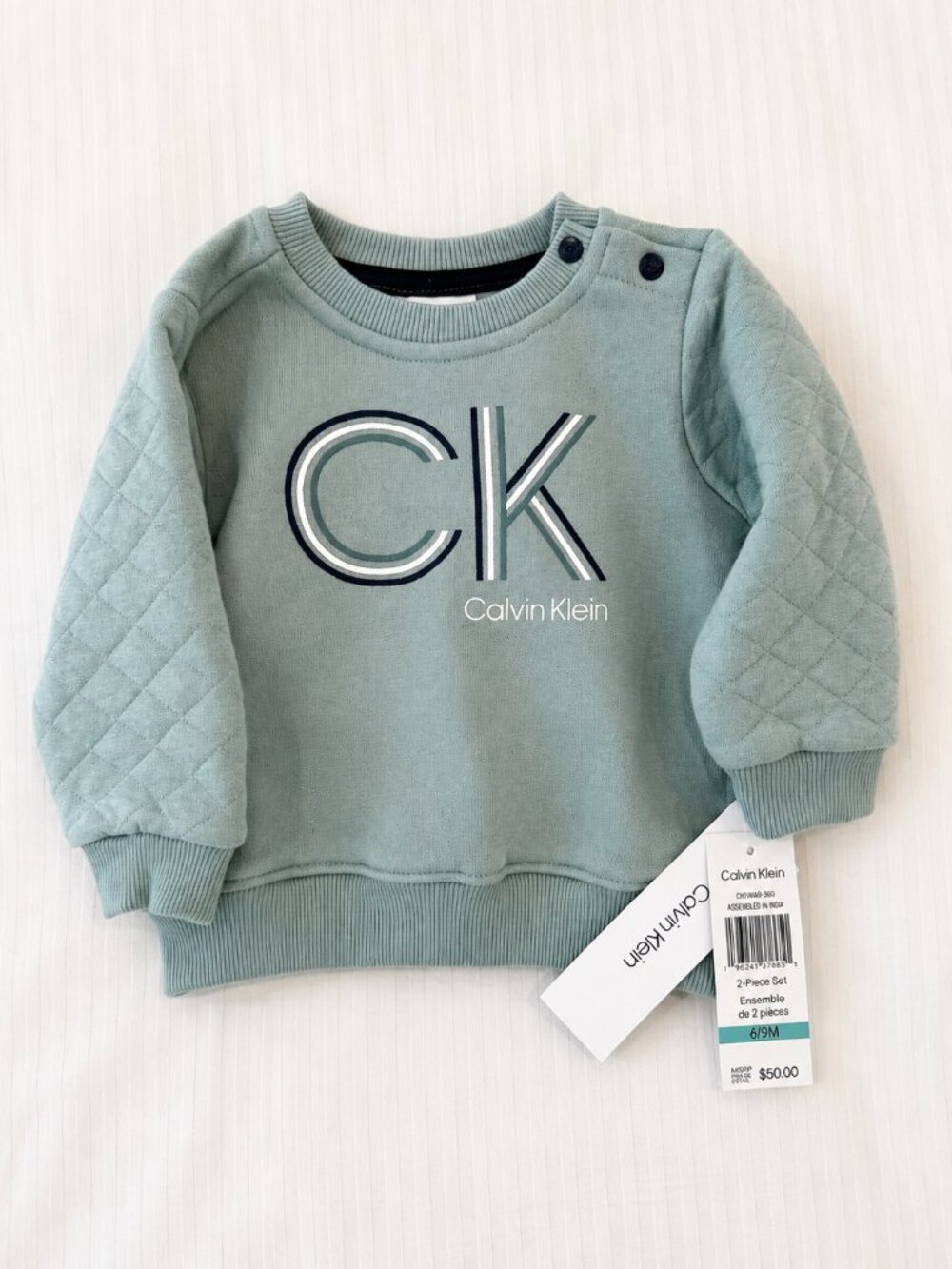 NWT Calvin Klein Baby Quilted Sleeve Sweatshirt 6–9M Sage Blue